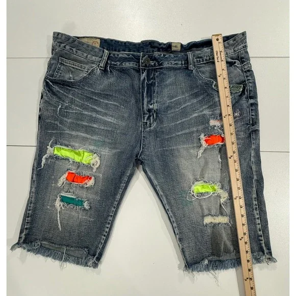 SMOKE RISE Denim Shorts Men Size 46 Distressed Neon Patch Frayed Hem 100 - Picture 9 of 12